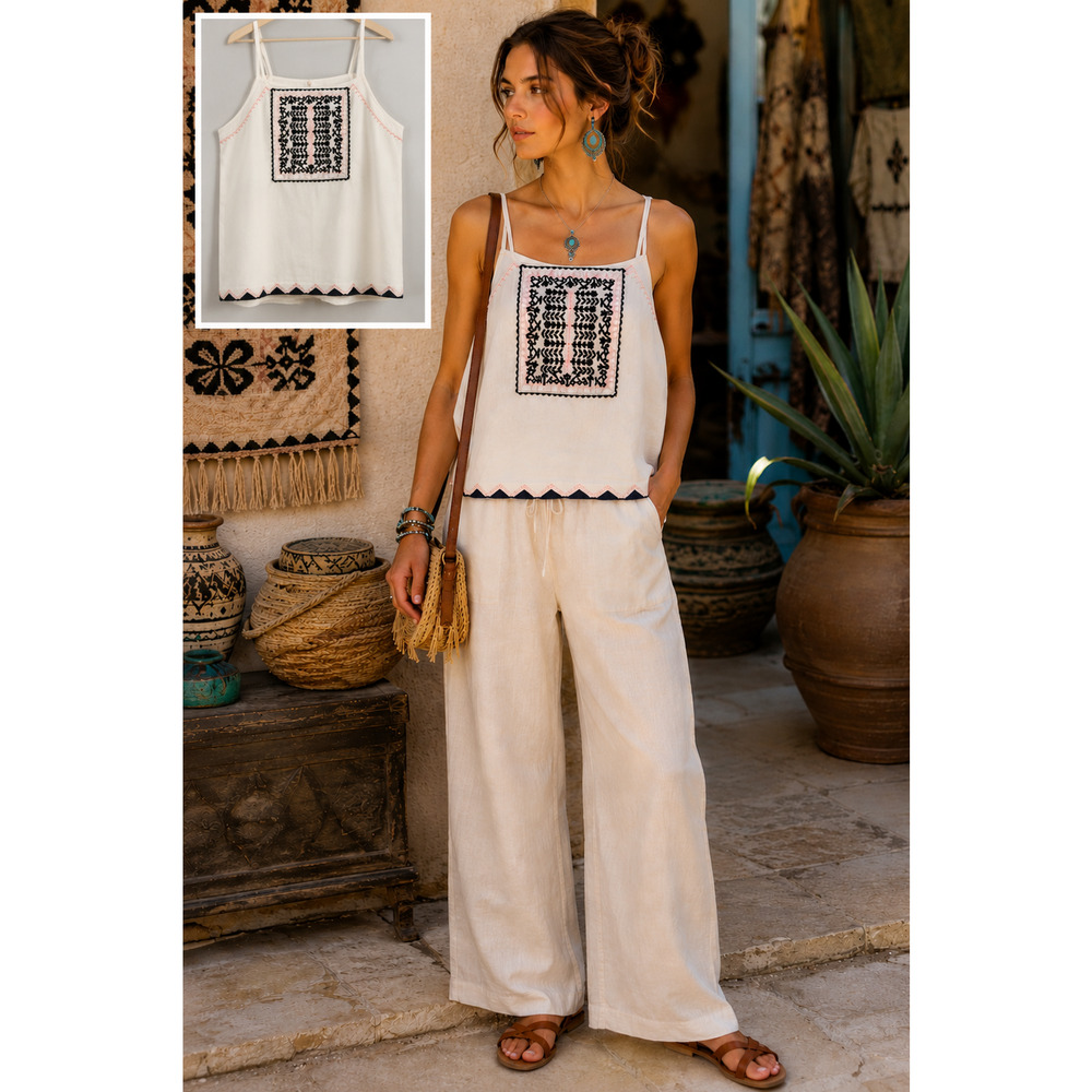 Boho Embroidered Slip Cami Top by Calgari Womens  Ivory Black Pink Size Small